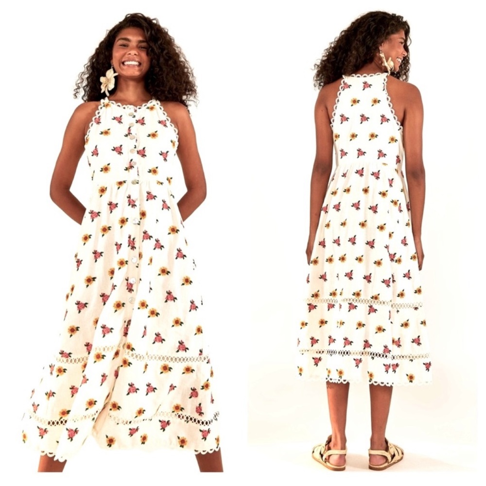 FARM RIO Mixed Cross Stitch Flowers Embroidered MIDI Dress